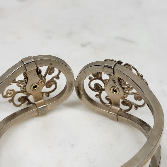 Vintage Garnet Rhinestones Cuff Bracelet Silver Tone Spring Hinged Closure - Picture 13 of 15